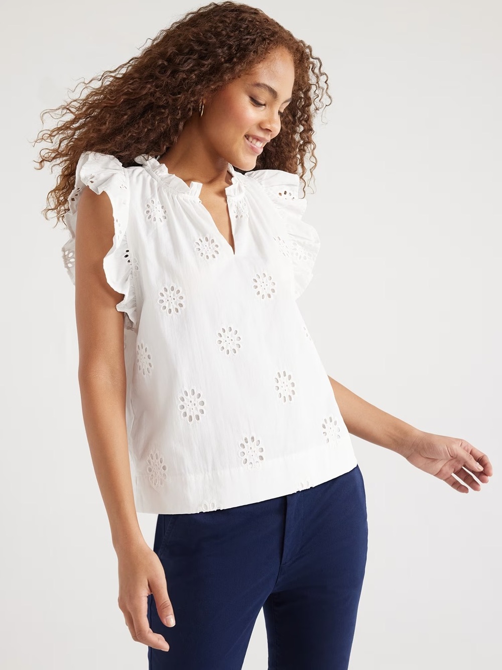 Eyelet Ruffle Sleeve Blouse - White